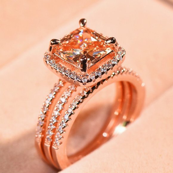 🔥 3pcs A Set Rose Gold Luxury CZ Champagne Stone Wedding Ring for Women,VIP332 - Picture 1 of 6